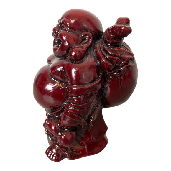 Vintage Red Resin Traveling Laughing Buddha Standing Ornament 3.5”x2.75”x3” - Picture 2 of 5
